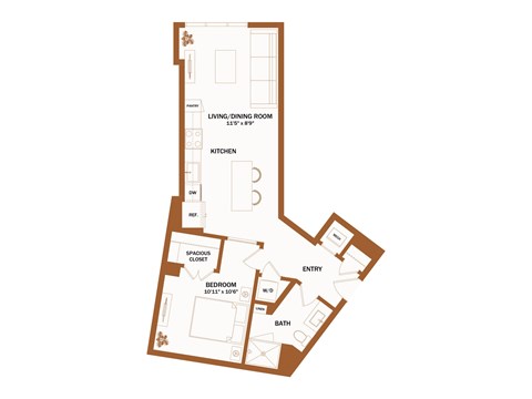 A floor plan of a house with a living room, kitchen, bedroom, and bathroom.